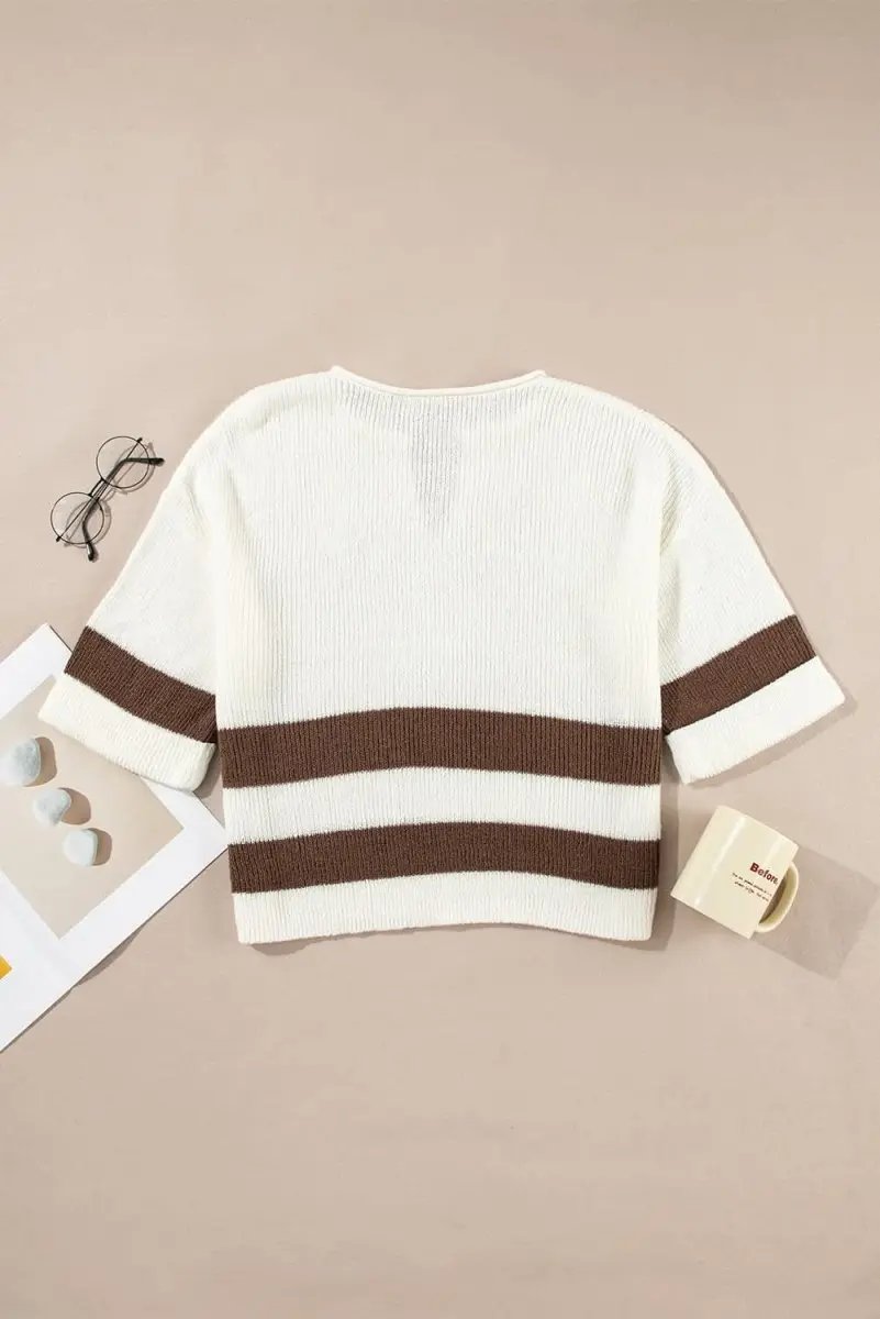 Brown Striped Accent Notched V Neck Cropped Sweater T Shirt - Love Salve